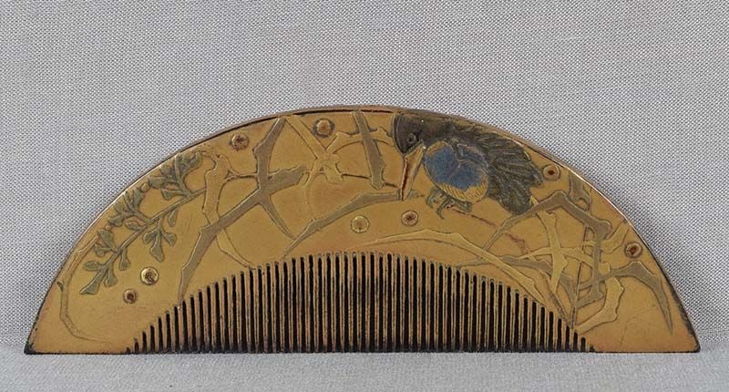 19c Japanese lacquer buffalo horn KUSHI hair COMB KINGFISHER on a hunt (1 of 6)