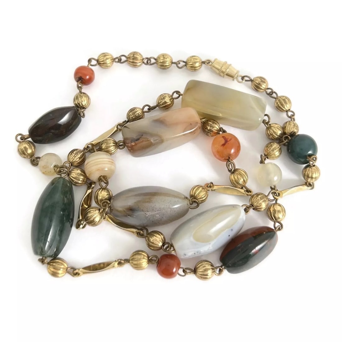 Vintage 1960's Long Multicolored Stone Gold Ball Necklace Gold-Plated, 60.38 Gr (1 of 7)