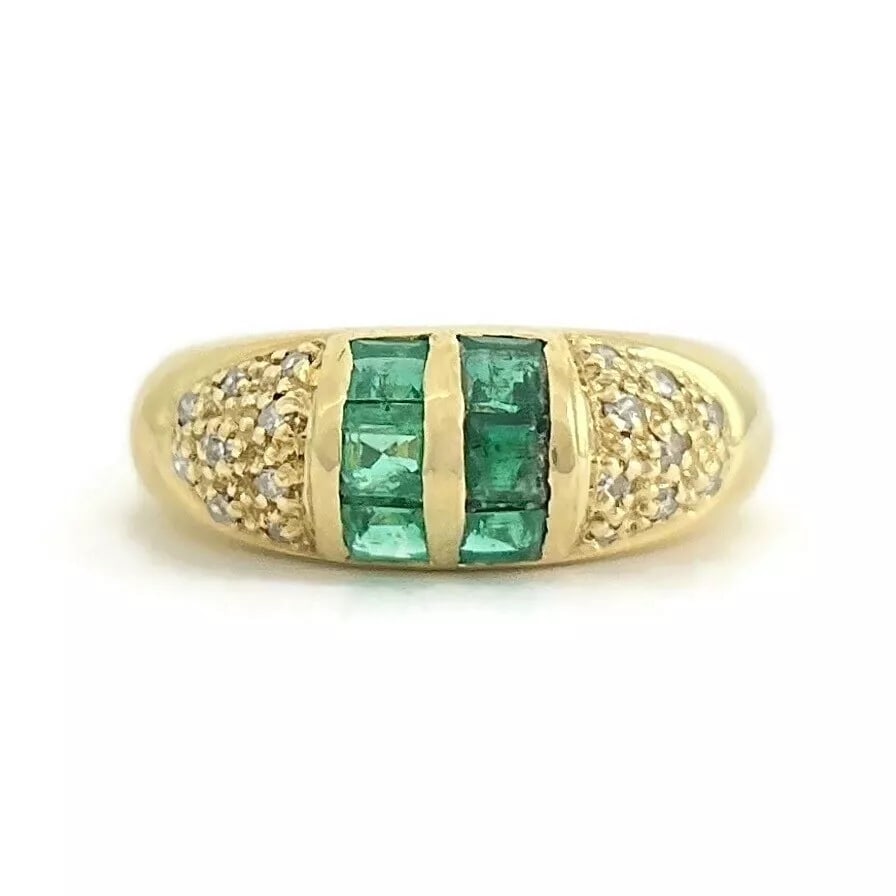Estate Green Emerald Pave Diamond Gemstone Band Ring 14K Yellow Gold, 3.79 Grams (1 of 8)