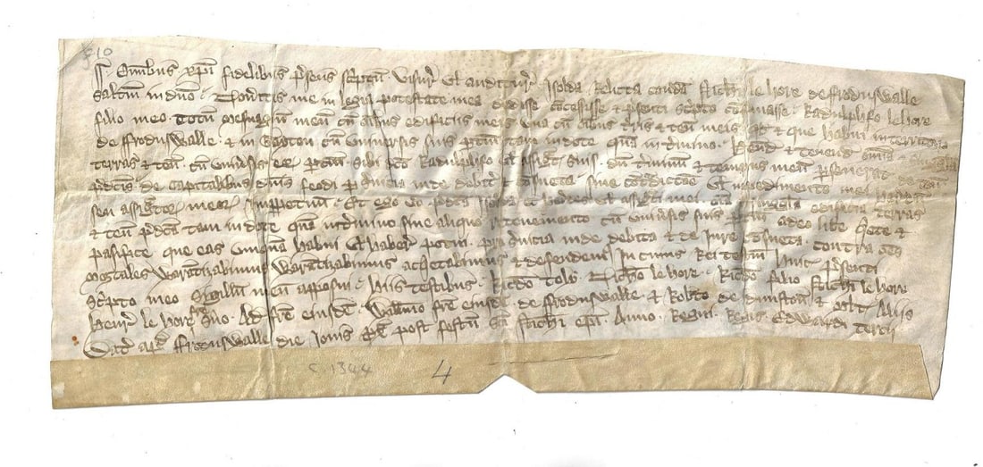 1344 English Deed Edward III: An English deed of vellum dated the 17th year of the reign of Edward III (reign 1327-1377) circa 1344. Untranslated, pertains to real estate possibly at Gayton in Norfolk. Very Good, no tag or deal. M