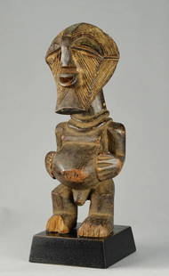 SONGYE Kifwebe power figure statue sculpture Congo African Tribal Art 1464: CONGO DRC CUTE SONGYE POWER FIGURE (NKISHI) Beautiful fetish, the face is a female mask The rare works of which the face is covered with a striped Kifwebe mask come from the south-east of the Songye