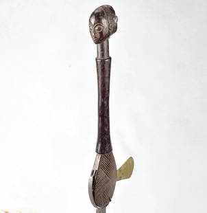 Rare LUBA prestige's anthropomorphic Axe Congo African Tribal Art 1788: CONGO DRC BEAUTIFUL CEREMONIAL AXE LUBA Cephalomorph axe, very beautiful patina of use Representative of the style of the Middle Luvua Workshops (Eastern Lubas) See Neyt, 1993, pages 114 and 115