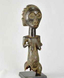 Superb LUBA Large 18" female figure statue sculpture Congo African Tribal 1619: CONGO DRC LUBA female cultual figure Large & splendid classic figure The Luba are a great people in eastern DRC. Their caryatid seats, their cup holders, chiefs' sticks, arrow holders, adzes and