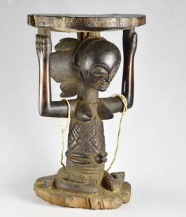 LUBA Rare & very old caryatid stool tabouret seat Congo African Tribal Art 1412: CONGO DRC Beautiful LUBA Caryatid Stool Magnificent old seat (first half of the 20th century, probably first quarter), very representative of the typical style of the Luvua workshops (see the test