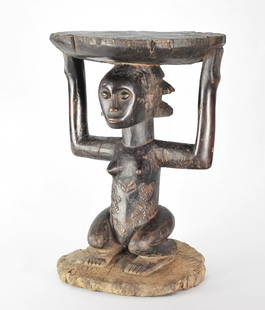 LUBA Shankadi cariatid stool seat figure statue Congo African Tribal Art 1330: CONGO DRC Beautiful LUBA Shankadi caryatid stool KIPONA Very nice seat of the central Luba People, recognizable by the famous cascading hairstyle, popular by the Shankadi Two specificities in this