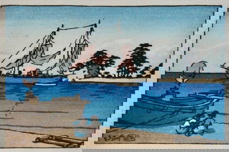 Hasui: Fine Day at the Beach: Artist: HASUISubject: Fine Day at Beach, MorozakiSeal: HasuiDate: 1930sFormat: koban, 14 x 9.2 cmCondition: Fine impression, color and condition Reserve: $120.00 Shipping:Domestic: Flat-rate of