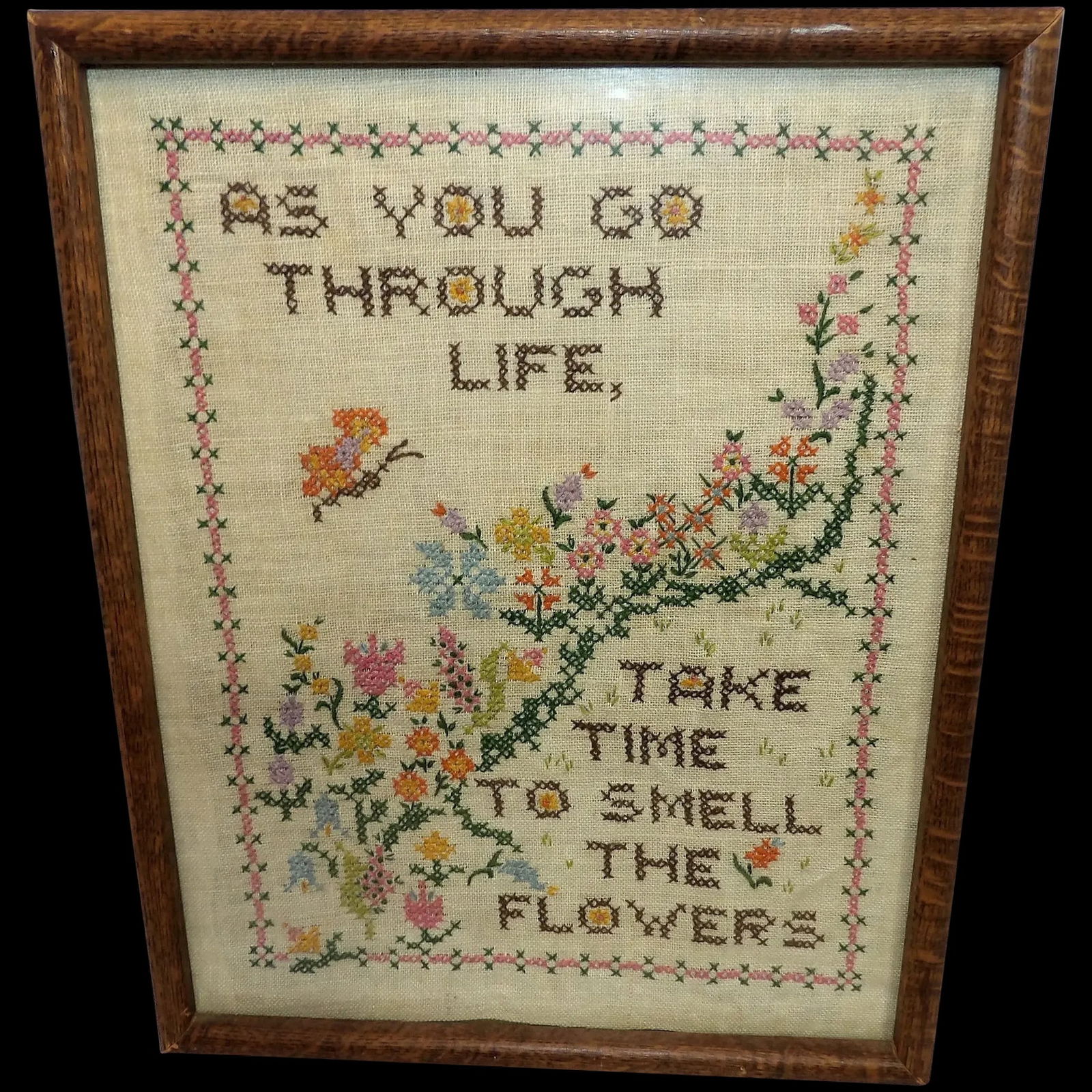 Vintage Cross Stitch Embroidered Take Time to Smell the Flowers (1 of 5)