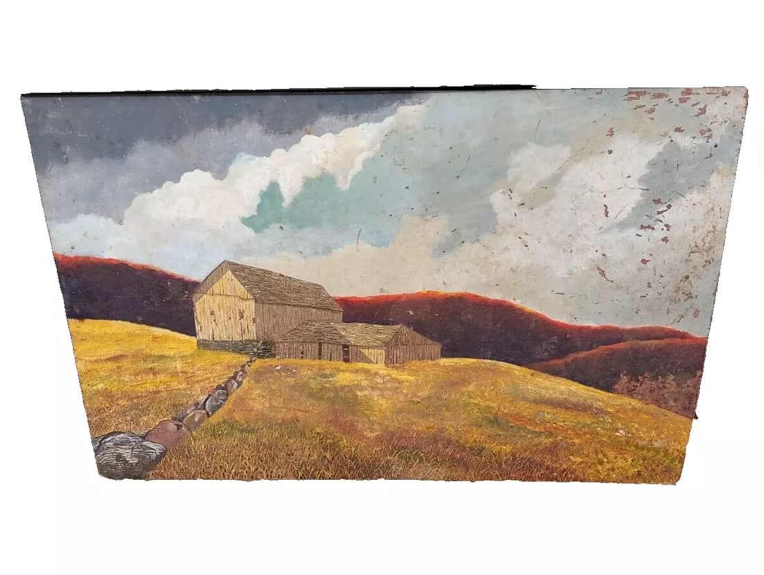 Eric Sloane (1905-1985) 19th century New England oil painting Barn Field Clouds: This the second piece I have found in vicinity which Eric Sloane vacationed in Connecticut. UNsigned but I would pretty much guarantee his work. Not great detail in stone wall but very detailed in bui