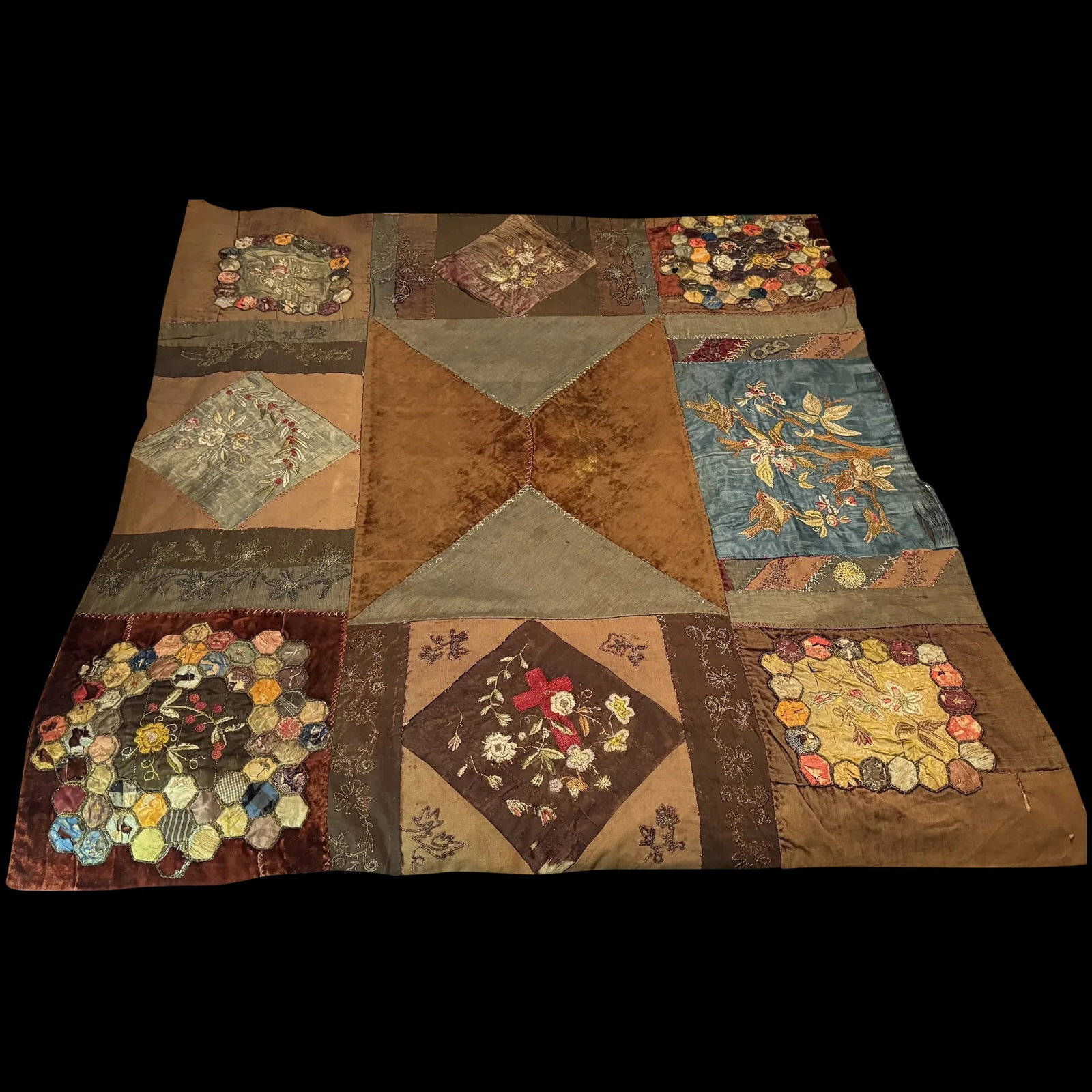 Antique Embroidered Sampler CRAZY Quilt, Mid 19th Century (1 of 20)