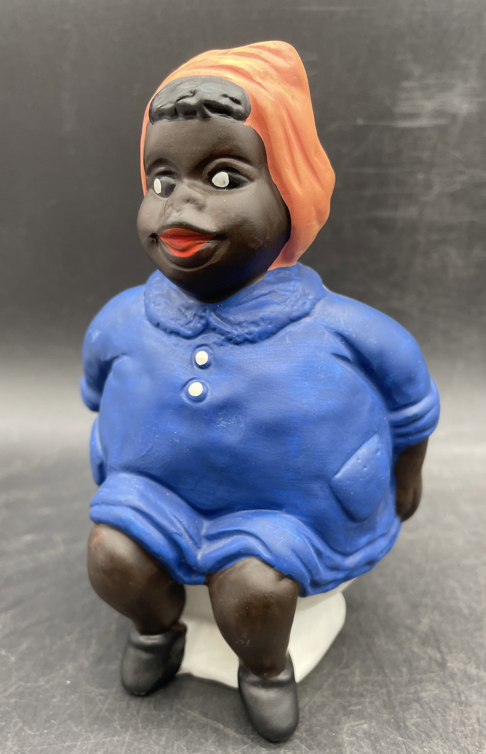 Bisque Black Lady on Chamber Pot Coin Bank: Title: Bisque Black Lady on Chamber Pot Coin Bank Date/Period: unknown Dimension: Approx 6 x 4 Material: bisque Additional Information: Bisque Black Lady on Chamber Pot Coin Bank Shipping: Domestic: F