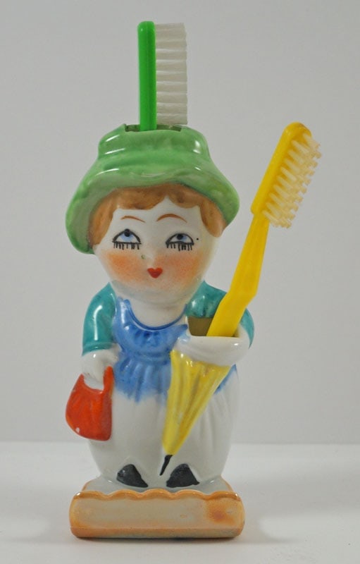 Antique Women w/ Umbrella Porcelain Toothbrush Holder (1 of 6)