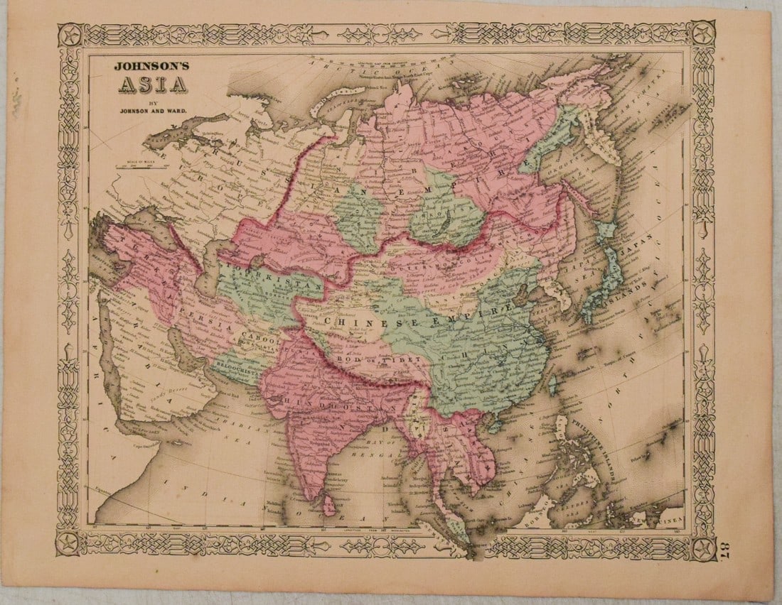 1863 Johnson Map of Asia -- Johnson's Asia: Title: 1863 Johnson Map of Asia -- Johnson's Asia Cartographer: Johnson & Ward Year / Place: 1863, New York Map Dimension (in.): 12.7 X 15.6 in. This is a very attractive and elaborate map of Asia. It