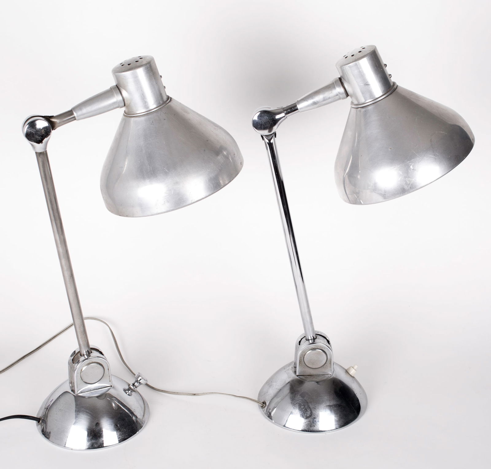 Pair of JUMO MODERNIST task lamp, Mid-Century: Pair of Jumo lights for industrial offices were widely use in France from the 1940's until the 1970's. There are more than 45 models, all of them display an interesting modernist approach with some to