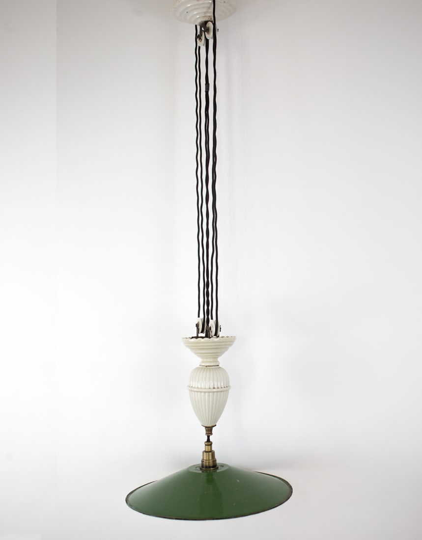 Pull down Kitchen/dining room light French Art Deco: Pull down with ceramic weight and ceramic pulley , you pull down or up the center weight to light a table .It was manufactured in France during the art deco period , the reflector is enameled metal. R