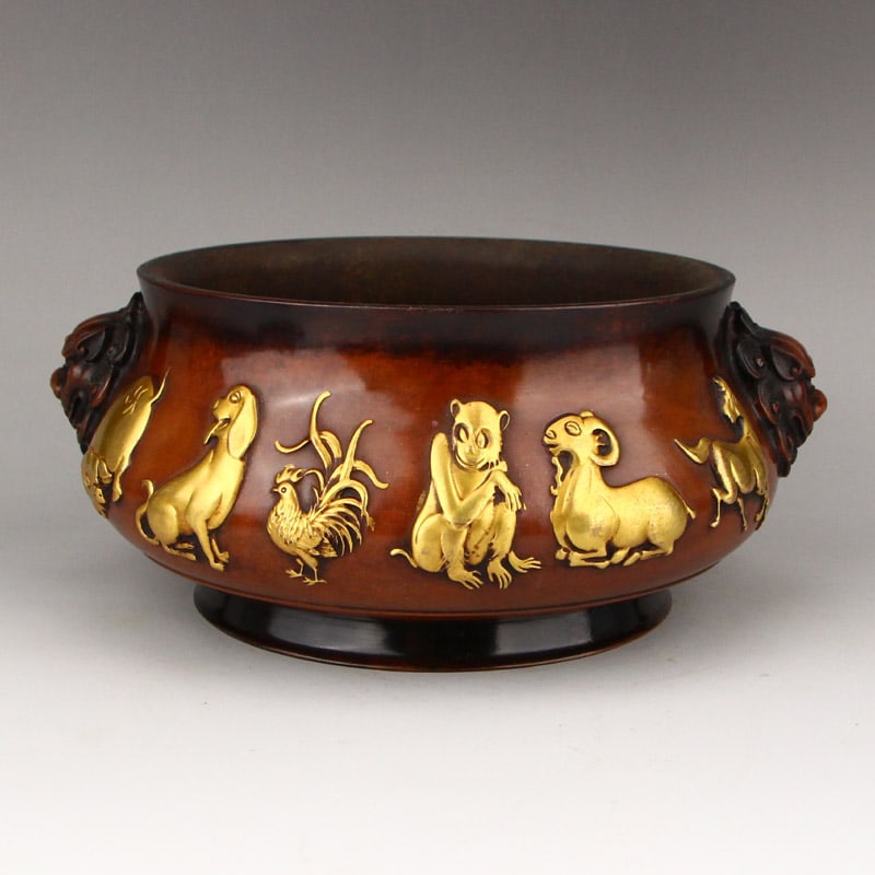 Superb Chinese Gilt Gold Red Copper Double Ears 12 Zodiac Incense Burner w Xuande Mark (1 of 11)