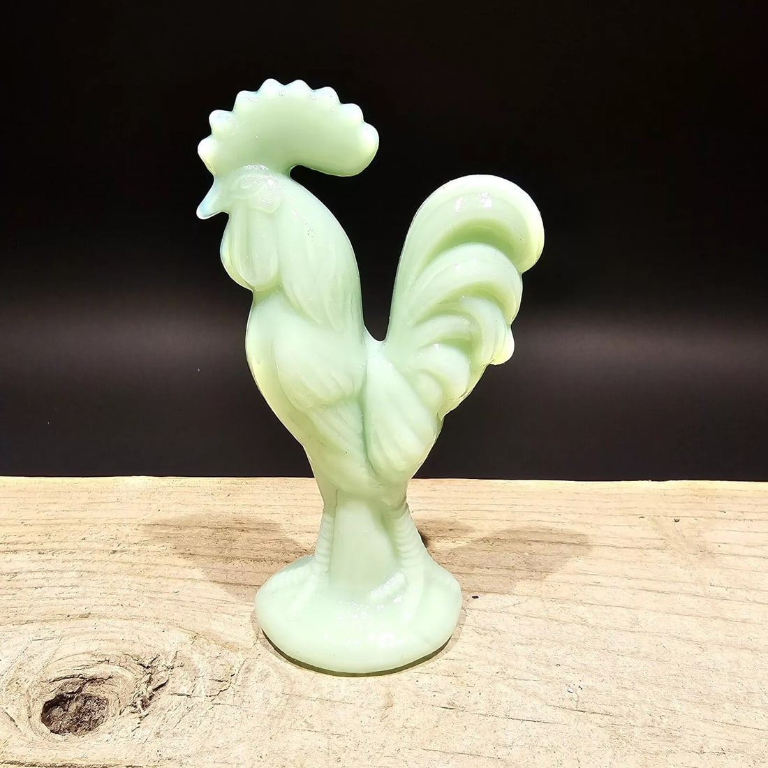 Jadite Depression Glass Rooster Chicken: 4 1/2" Tall Wonderful reproduction glass rooster chicken figurine is a beautiful addition to any collection. The depression-style design make it a unique and eye-catching piece. This jadite rooster ch