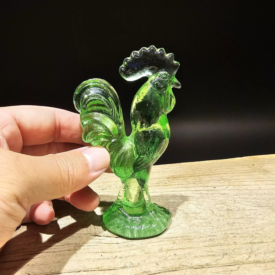 Green Depression Glass Rooster Chicken: 4 1/2" Tall Wonderful reproduction glass rooster chicken figurine is a beautiful addition to any collection. The vibrant green color and depression-style design make it a unique and eye-catching piece