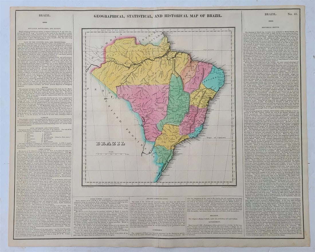 1822 MAP of BRAZIL GEOGRAPHICAL STATISTICAL HISTORICAL # 48 antique 17.5 x 21.5" (1 of 5)