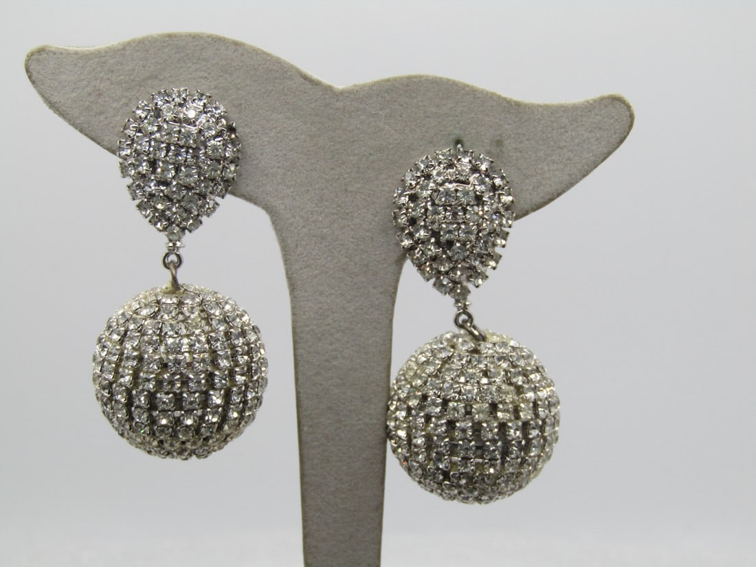 Vintage Rhinestone Dangling Ball Earrings, Clip, 1960's (1 of 5)