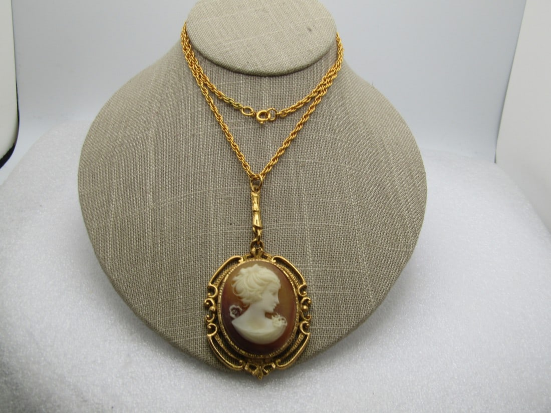 Vintage Cameo Necklace, 24", Bamboo Accent, 1960's-1970's: Vintage Cameo Necklace, 24", Bamboo Accent, 1960's-1970's. Th pendant hs a banboo bar that acts as a bail with a ring on top. The pendant itself is appx. 2.5" tall and 1.75" wide with open work frame 