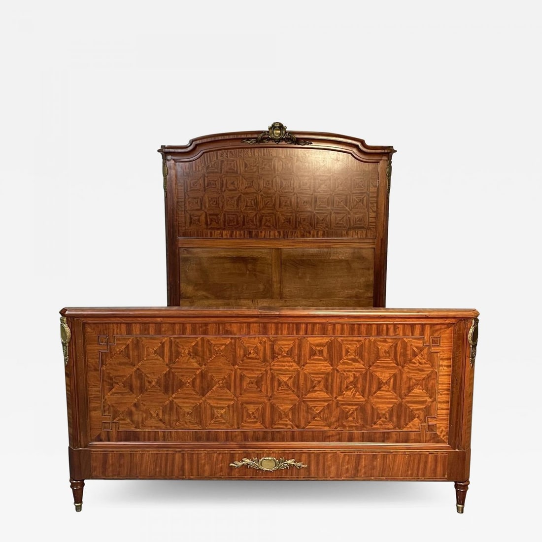 Louis XVI Style Full Size Bedframe by Mercier Frères, Parquetry, Bronze, French: French Louis XVI Style Full Size Bedframe by Mercier Frères, Parquetry, Bronze Louis XVI Style French Full Sized Bed having parquetry inlays on the headboard and footboard framed in an ebony and