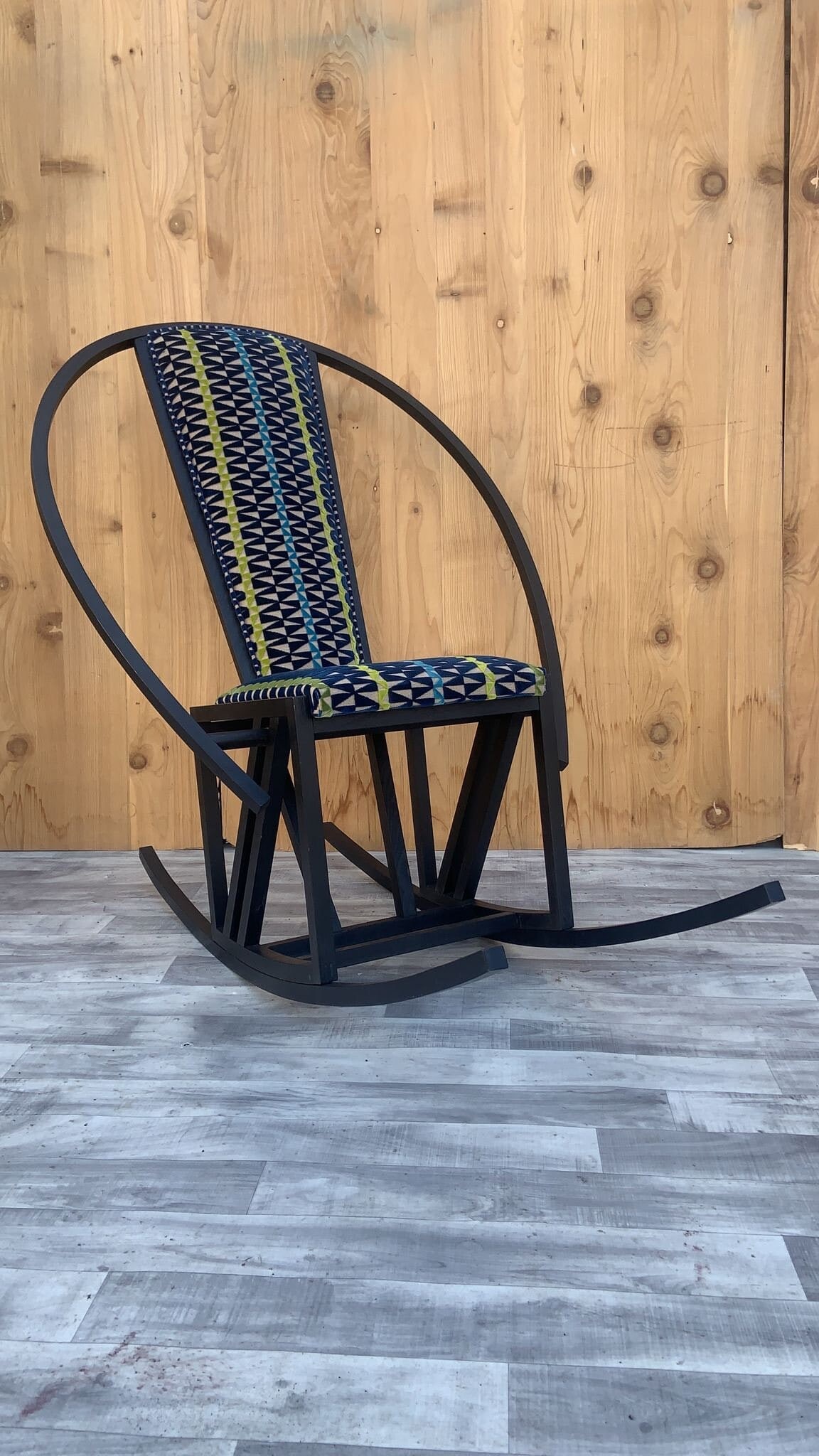 Vintage Pascal Mourgue Style Rocking Chair Newly Upholstered in Knoll Fabric: Vintage from the 1980s Materials: Birch, Wood, Fabric Overall width: 34 inches Overall height: 45 inches Overall depth: 51 inches Seat height: 17.5 inches Seat depth: 15 inches Vintage Pascal Mourgue
