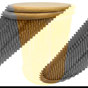 Vertically Stack Rattan Round Pedestal: About the Item Mid-century era vertically stacked rattan pedestal side table with wood top and rattan border. Measure: 18" Tall. Designed in the manner of Paul Frankl. Restored to new for you. All rat