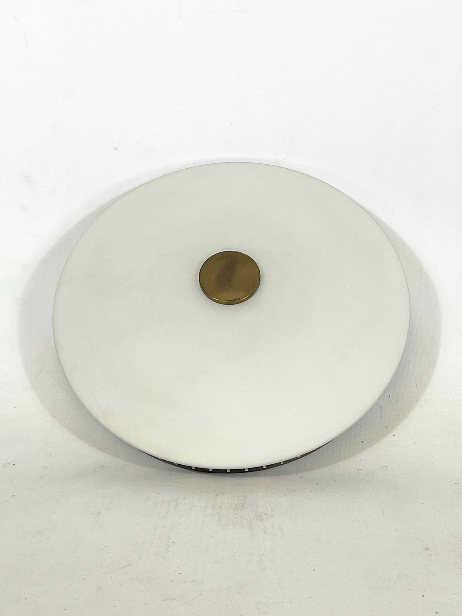 Stilux Milano, round opaline glass ceiling lamp model Lido. 1960s: Good vintage condition for this opaline glass and gilded aluminum ceiling lamp model Lido. Produced by Stilux Milano during the 60s. Manufacturing Tag. Full working with EU standard, adaptable on dema