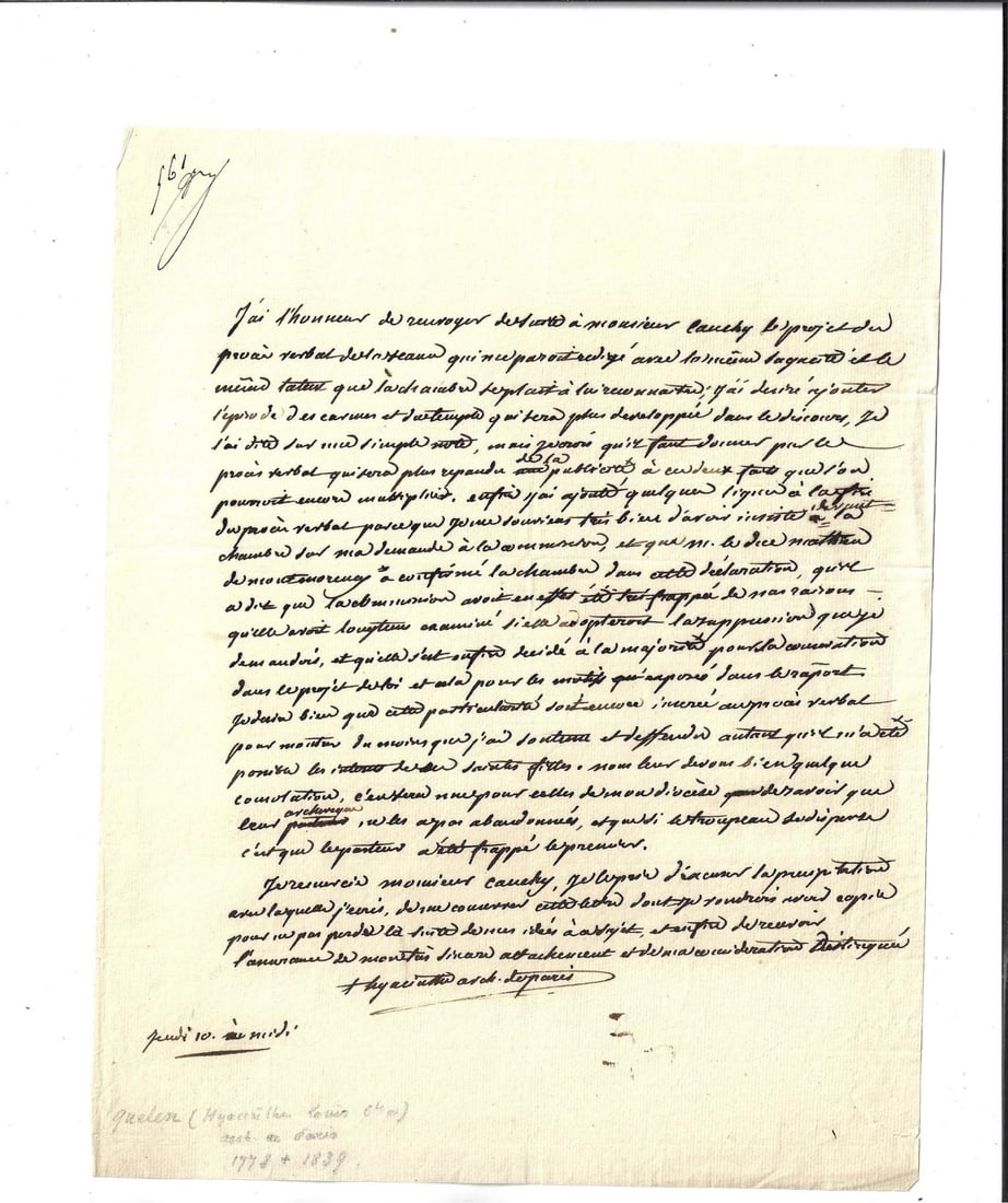 1815 ALS French Hyacinth de Quelon: An autographed letter in French of Hyacinthe-Louise De Quelen (1778-1839) signed as Archbishop to cardinal de Talleyrand-Perigors, circa 1815. Untanslated. Accompanied by a period engraving. Both Fine