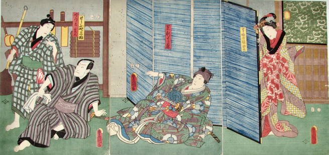 Kunisada: Interior Kabuki Scene: Artist: KUNISADA (1786-1865)Subject: Figures in an interiorPublisher: Ebiya RinnosukeSignature: ToyokuniDate: 10/1857Format: ôban triptych, 25 x 36.2 cm eachCondition: Fine impression, color and