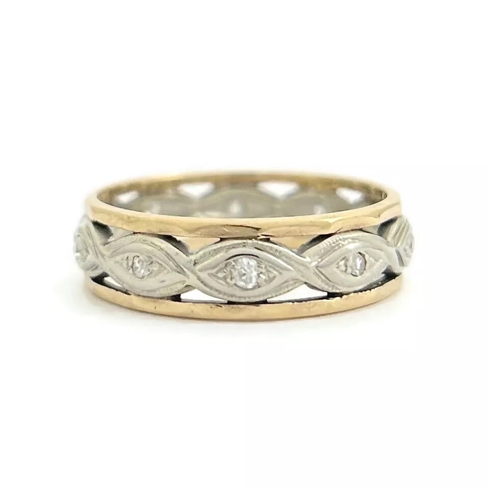Vintage 1930's Two-Tone Diamond Eternity Ring 14K Yellow White Gold, 2.92 Gram (1 of 7)