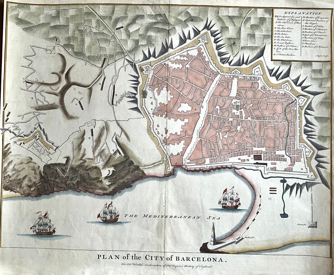 Barcelona, Spain, 1745, By N. Tindal: Title: Barcelona, Spain, 1745, By N. Tindal Date/Period: c1745 Materials: Hand colored copperplate engraved Size: 19 x 14" This map of Barcelona, Spain, created around 1745 by N. Tindal and engraved b