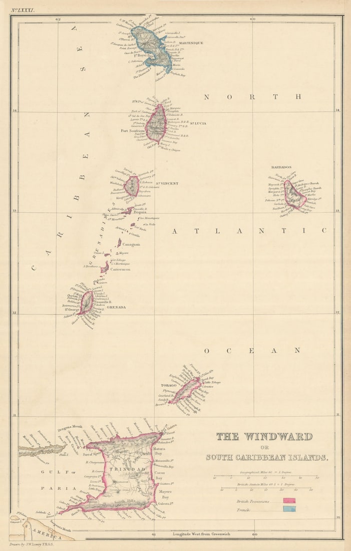 Windward or South Caribbean Islands. Barbados St. Lucia Trinidad. LOWRY 1860 map (1 of 1)