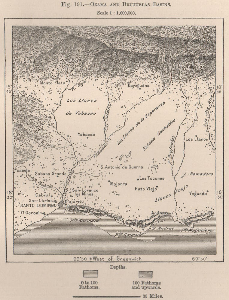 Ozama and Brujuelas Basins. Dominican Republic. Hispaniola 1885 old map: TITLE/CONTENT OF MAP: 'Ozama and Brujuelas Basins' DATE PRINTED: 1885 IMAGE SIZE: Approx 14.0 x 10.5cm, 5.5 x 4.25 inches (Small) TYPE: Antique wood-engraved map; Scale 1:1,600,000 CONDITION: Good; su