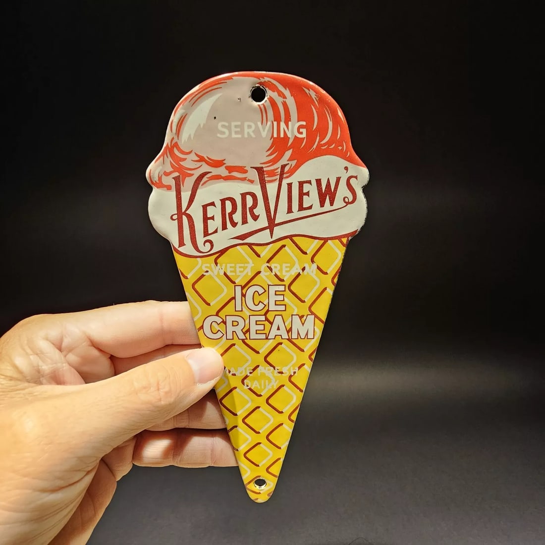 8" Vintage Style Enamel Cast Iron Ice Cream Cone Sign: 8" tall Such a neat retro style ice cream cone plaque. While this is a reproduction it is hard to tell its age. Reserve: $25.00 Shipping: Domestic: Flat-rate of $8.00 to anywhere within the contiguous