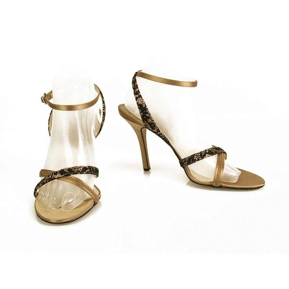 Dior Beige Satin Black Lace Heels Strappy Shoes Ankle Strap Sandals Pumps sz 37 (1 of 8)