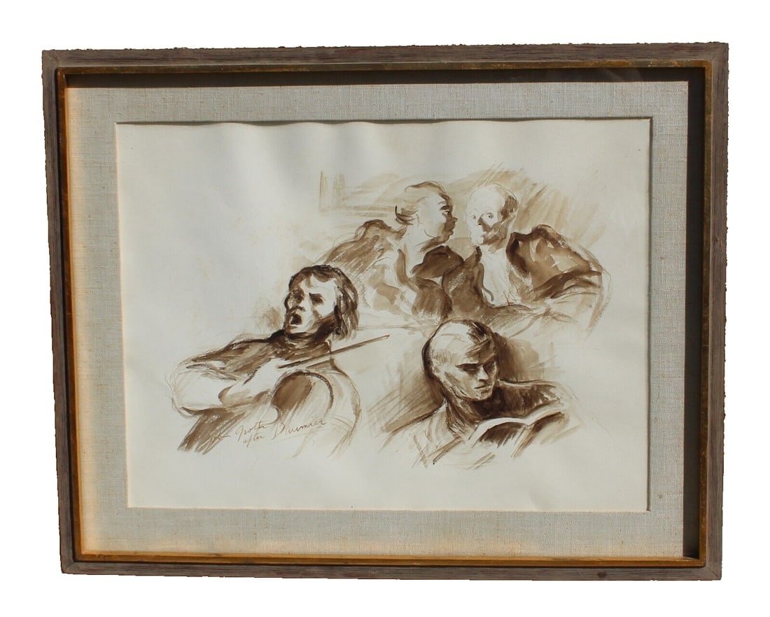 JOHN GROTH after Daumier Original watercolor & Ink Four Figures: JOHN GROTH (1908-1988). AFTER DAUMIER: Four Figures, 19" x 24-1/2" sight size watercolor and ink (framed size: 25-1/2" x 32") signed lower left: John Groth After Daumier. Features four figures, one ho