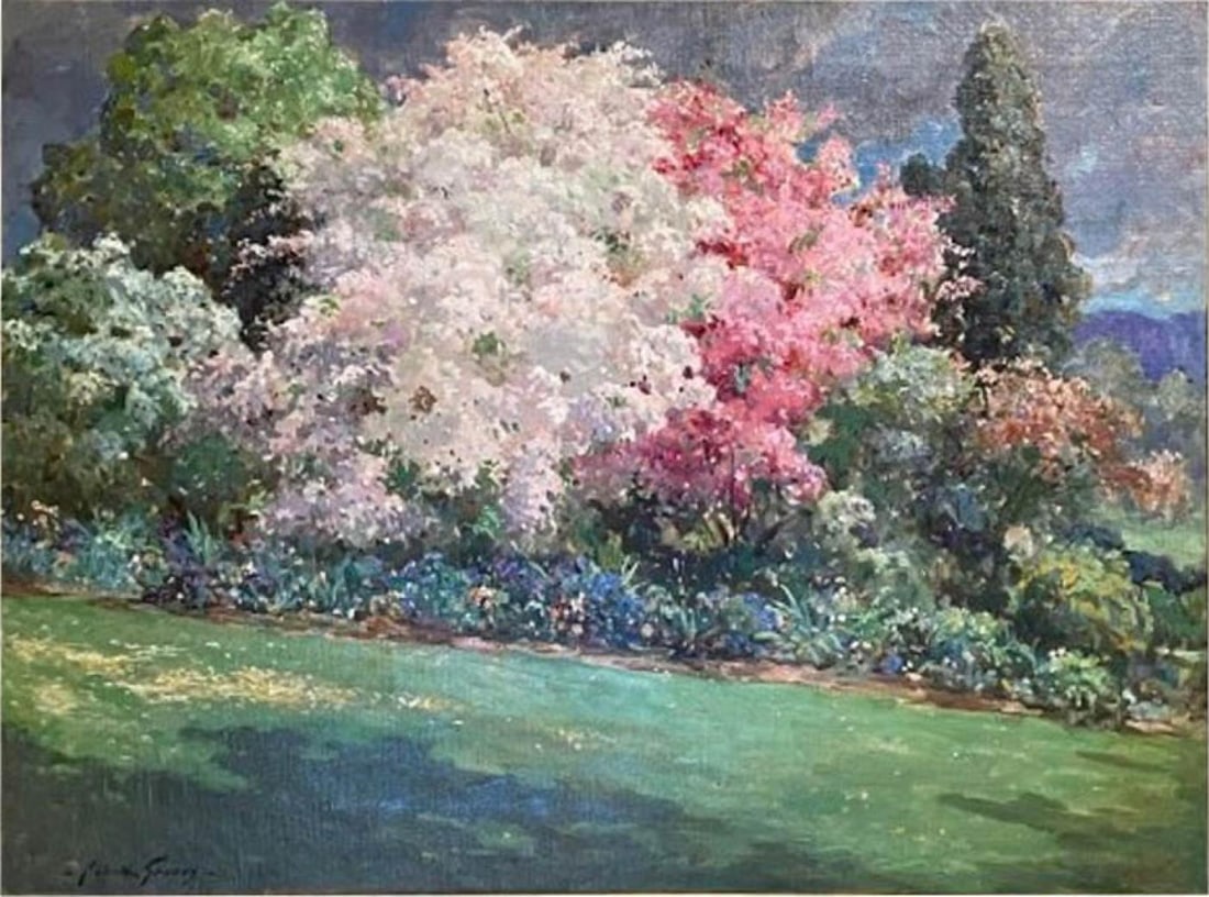 Abbott Fuller Graves, Oil on Canvas, Spring Garden, Kennebunkport, Christies NYC: Abbott Fuller Graves, Oil on Canvas, Spring Garden, Kennebunkport, Christies NYC An original oil on canvas by this wonderful American painter and Illustrator. This finely framed oil on canvas is in sp