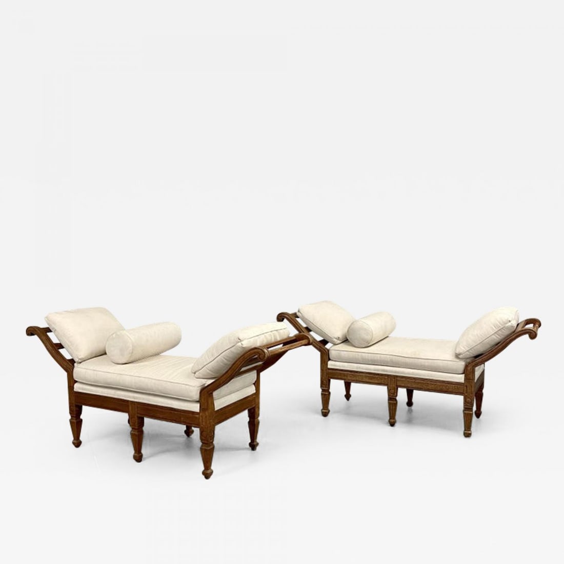 Pair of Mid Century Window Benches, Daybeds, Custom Upholstery, Pillows: A Pair of Window Benches or Daybeds of Palatial Form having wood frames in the Louis XVI Style with large drop down arms to create a daybed effect. The pair upholstered recently by D Hurieux Upholster