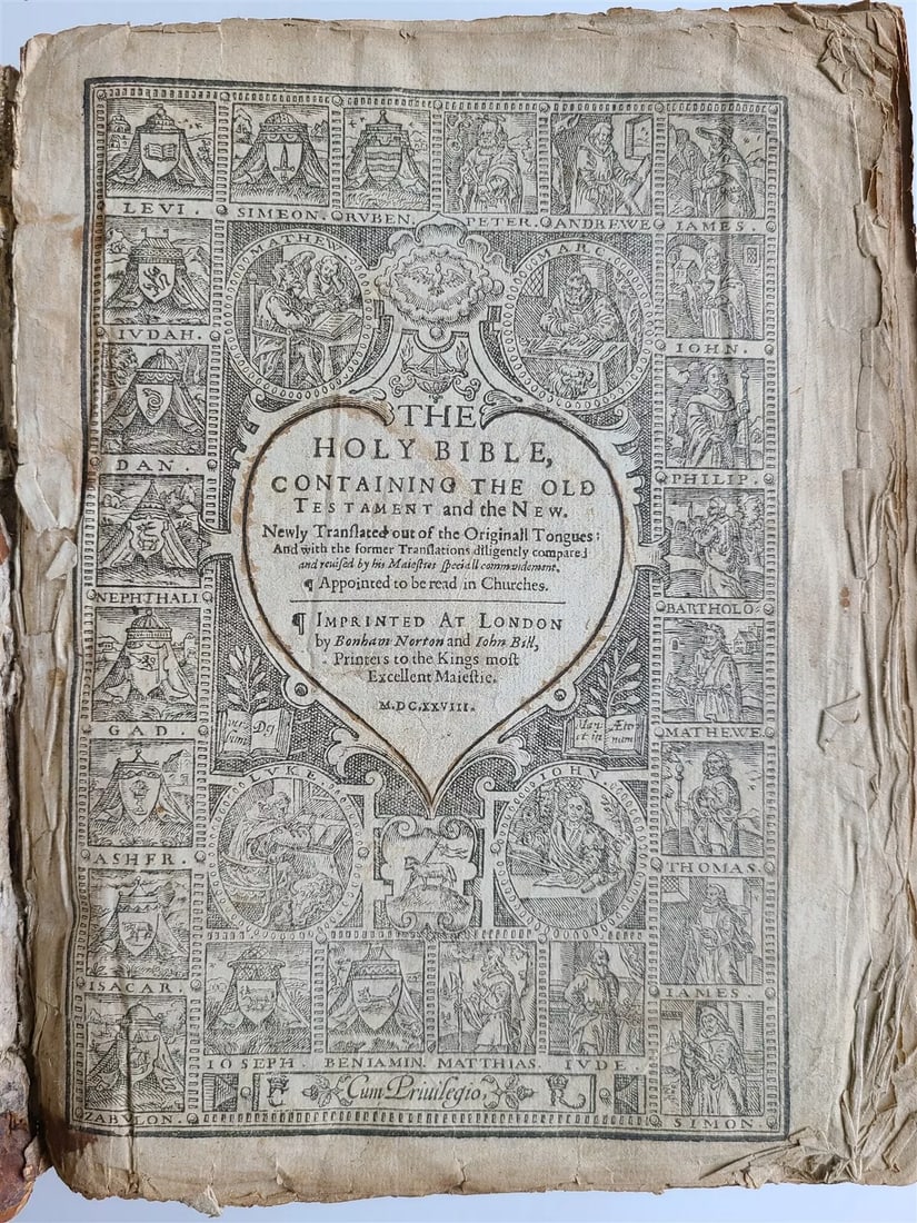 1628 BIBLE in ENGLISH antique by Bonham Norton & John Bill OLD & NEW TESTAMENT: [The Holy Bible, containing the Old Testament, and the New: newly translated out of the originall tongues...] [Imprinted at London: by Bonham Norton, and John Bill, 1628] With both title pages within