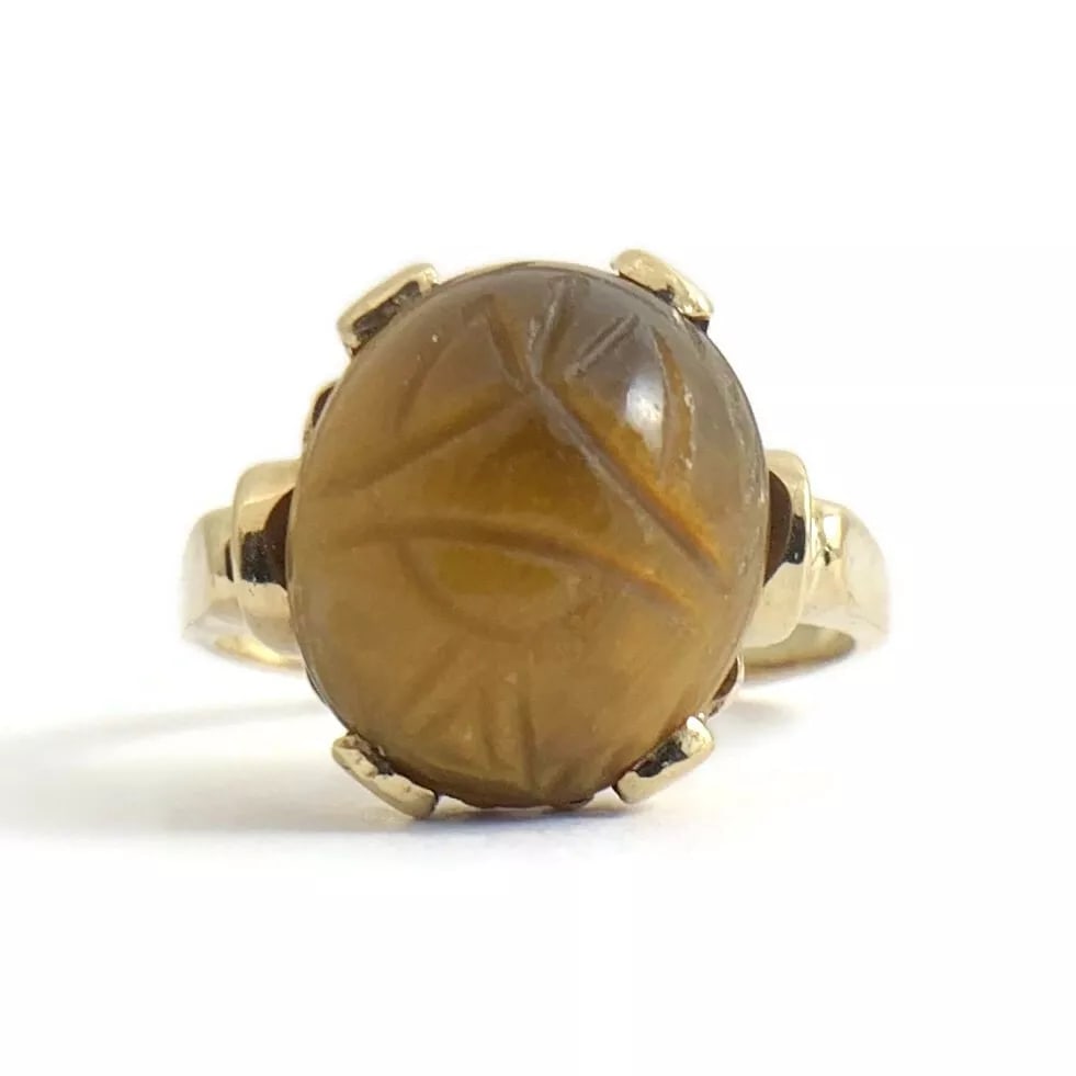 Oval Carved Brown Tiger's Eye Intaglio Gemstone Ring 14K Yellow Gold, 4.36 Grams (1 of 12)