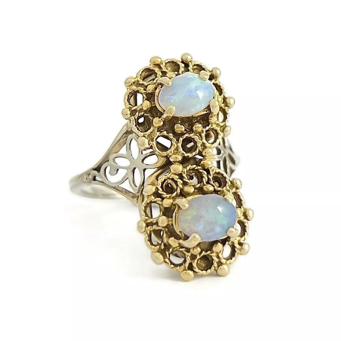 Vintage 1920's 1930's Two-Tone Opal Filigree Ring 14K Yellow White Gold, 4.40 Gr (1 of 7)