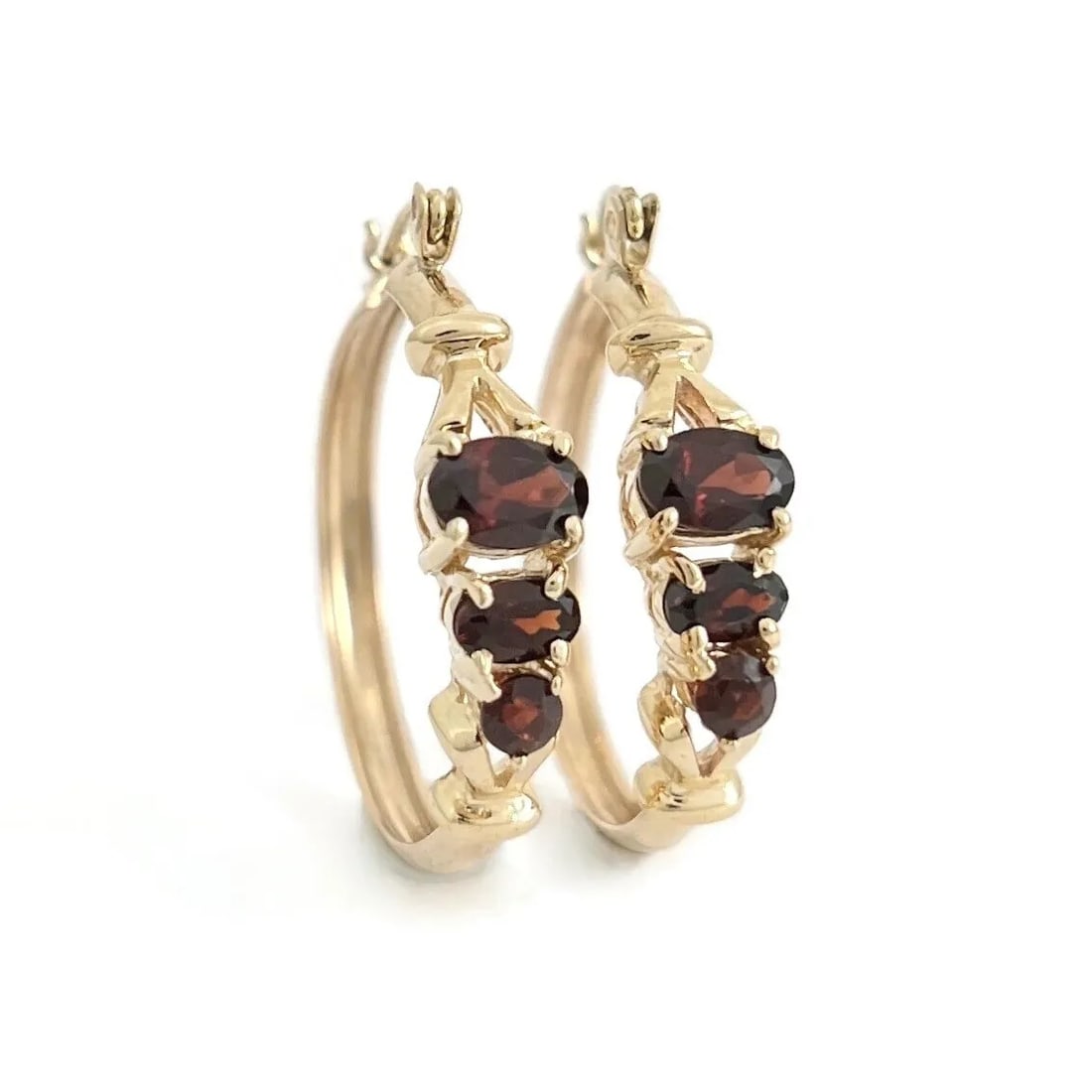 Estate Oval Garnet Gemstone Hoop Earrings 10K Yellow Gold, 1.1 Inch, 4.43 Grams (1 of 5)