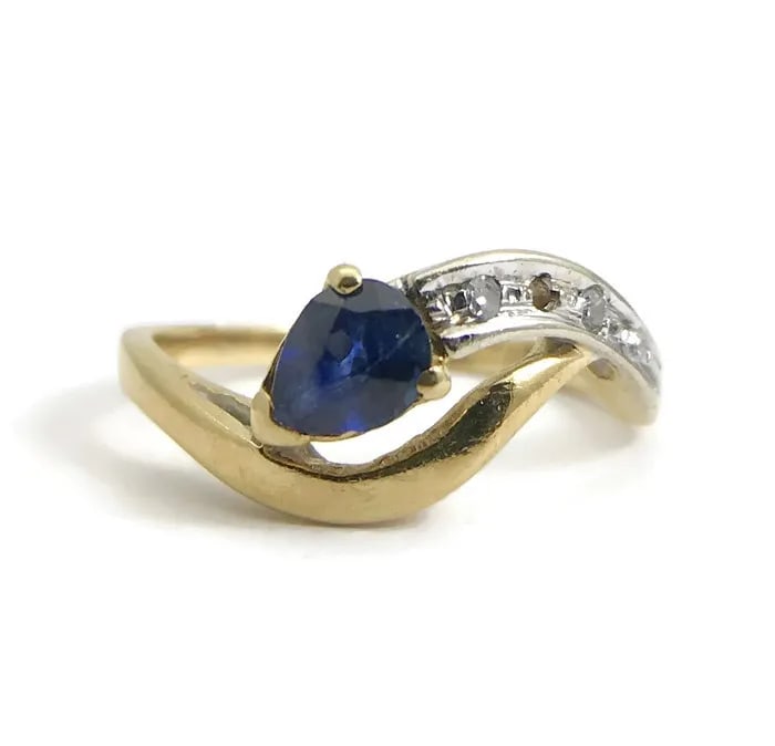Vintage 1960's Pear Blue Sapphire Diamond Bypass Ring 18K Yellow Gold, 2.5 Grams (1 of 9)