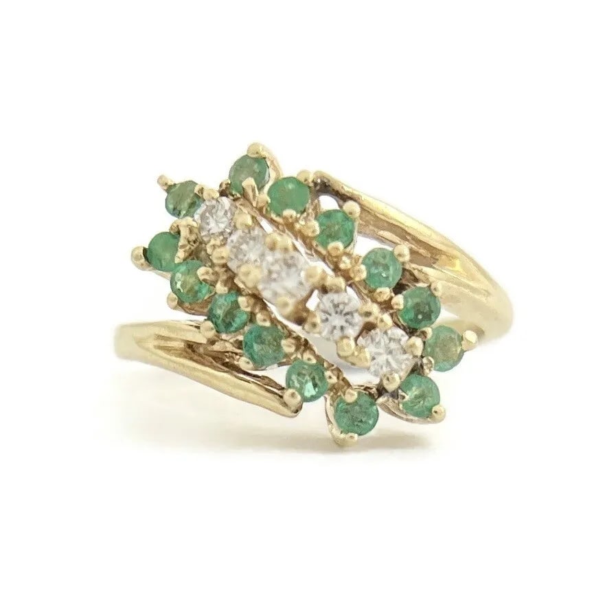 Vintage Green Emerald Diamond Cluster Cocktail Ring 14K Yellow Gold, 3.23 Grams (1 of 8)