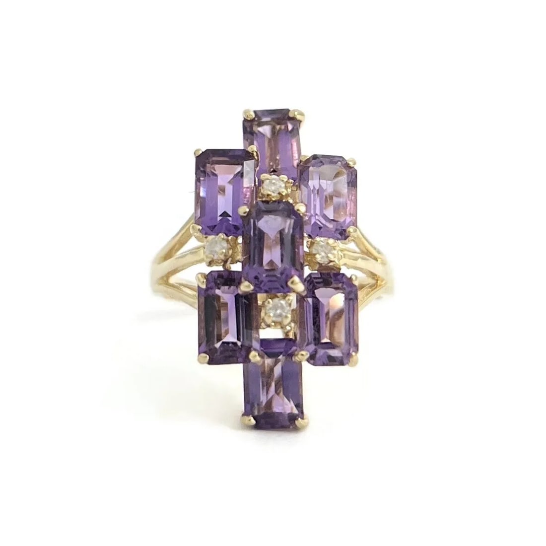 Amethyst Diamond Cluster Purple Gemstone Cocktail Ring 14K Yellow Gold, 4.51 Gr (1 of 9)