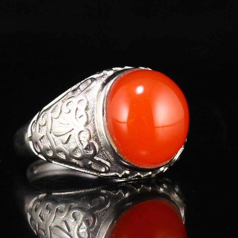 Chinese Silver Inlay Nanhong Agate Ring w Certificate (1 of 7)