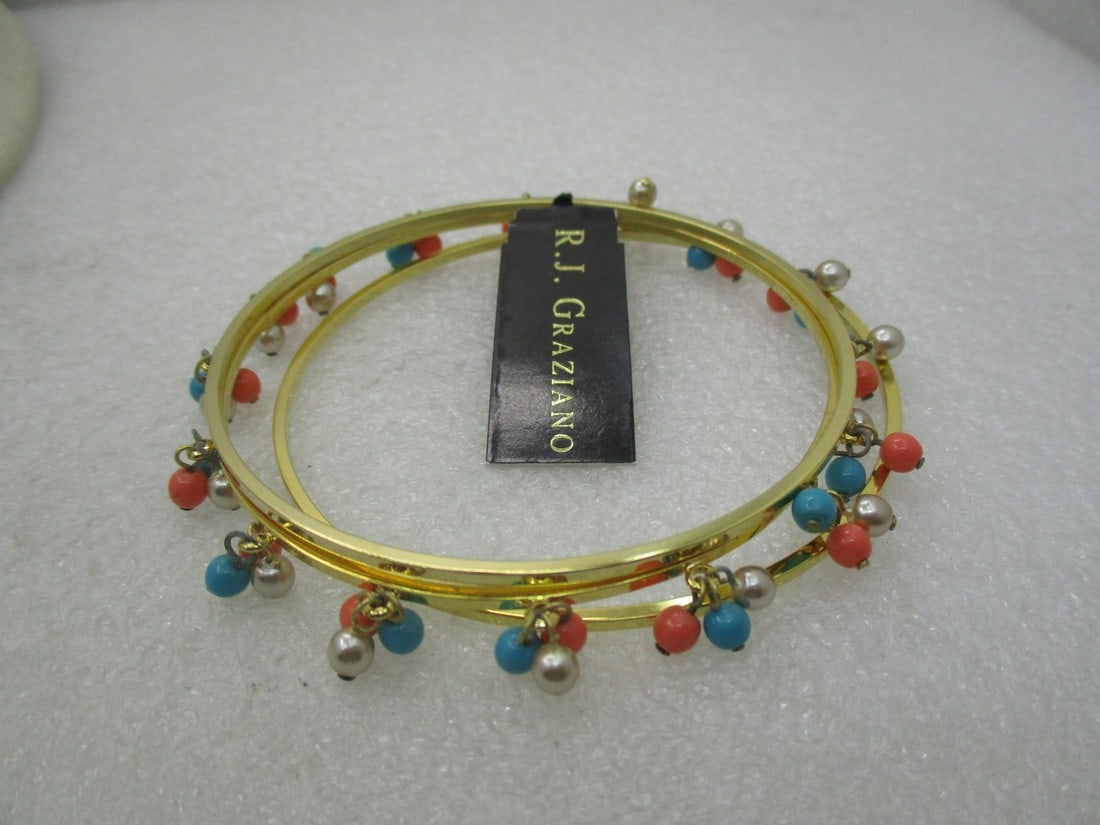 Trio Bangle Bracelet Set, R. J. Graziano, Dangle Beads, 8", Vintage New with Tags, NL (1 of 8)