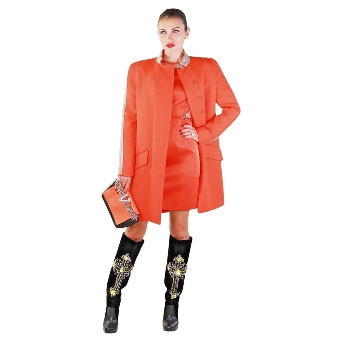 NEW VERSACE ORANGE WOOL and CHAIN MESH COAT 40 - 4: VERSACE Collection Fall/Winter 2012 This two pocket coat features chain mesh detail at each sleeve and collar. Hidden front snap closures Content: 100% wool, 100% metal Fully lined in 100% silk IT Siz