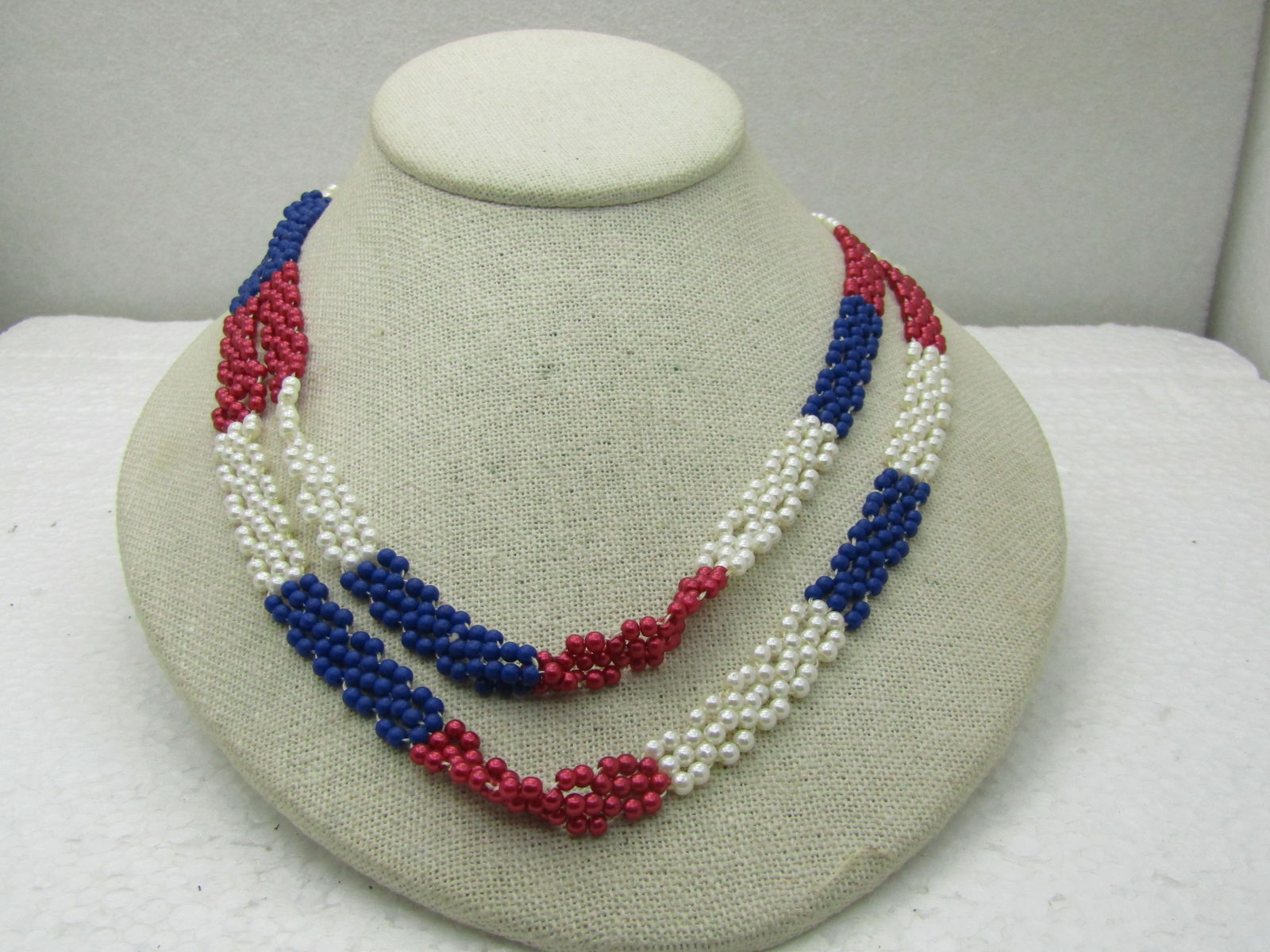 Vintage 40" Red, White, Blue Beaded Necklace. 11mm wide (1 of 5)